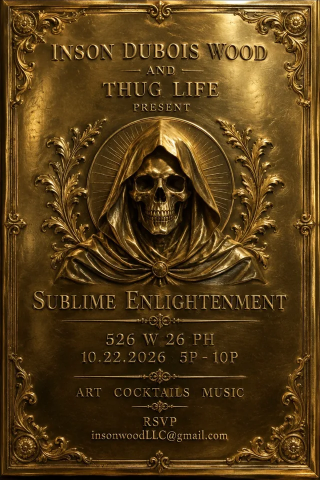 Sublime Enlightenment invitation: an ornate gold frame surrounds a gilded hooded skull. Inson Dubois Wood and Thug Life present art, cocktails, and music on October 22, 2026, 5 to 10 PM, at 526 W 26 PH. RSVP to insonwoodLLC@gmail.com.